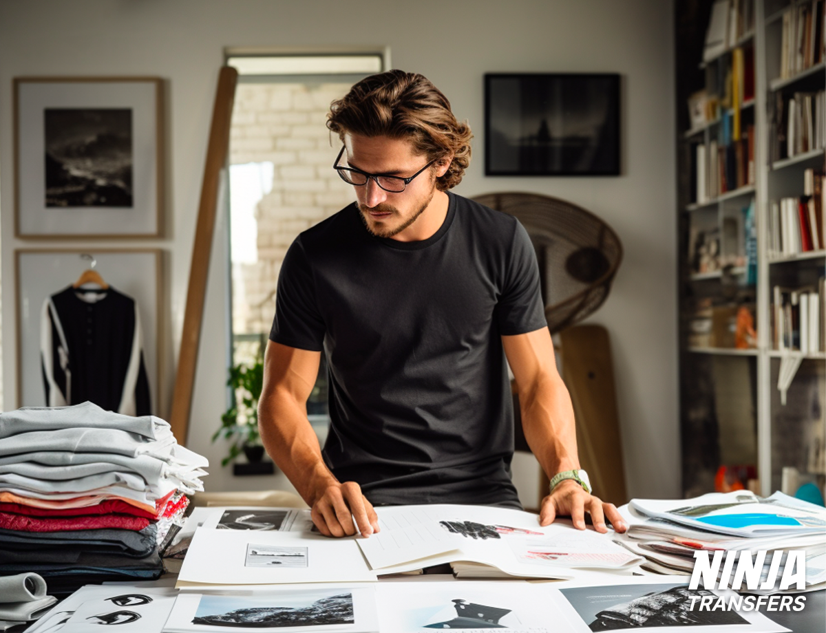 T-shirt entrepreneur looking over different t-shirt print examples laid out on table