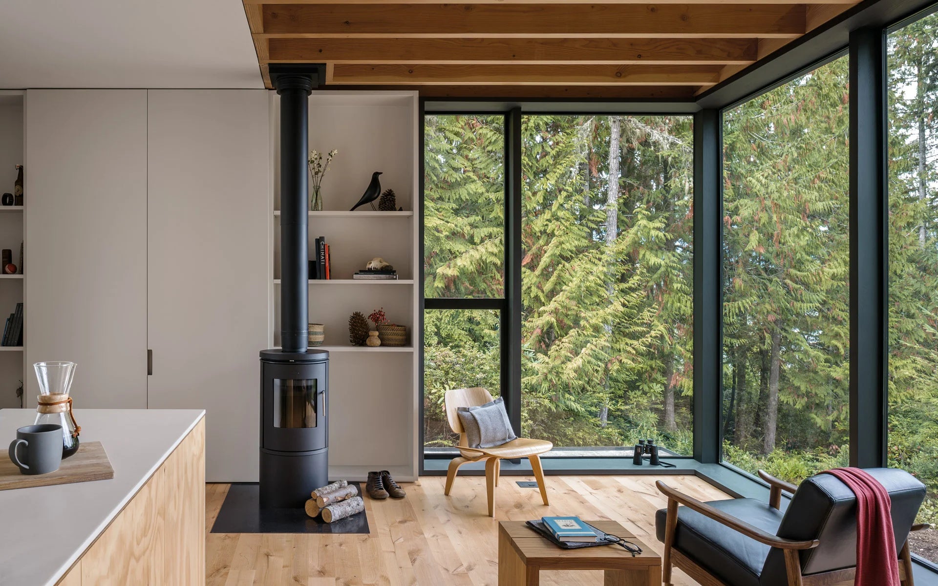 living room with forest view