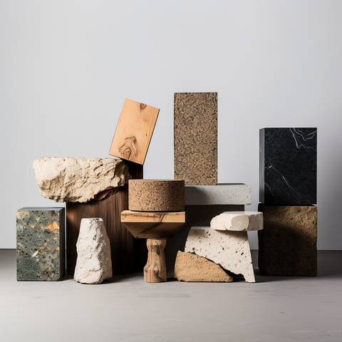 Sustainably sourced wood, stone, and cork used in furniture production