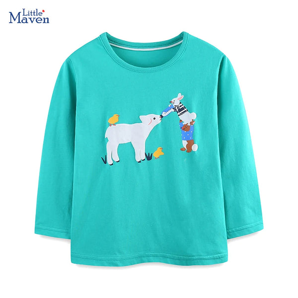 Cute Cotton Long Sleeve Cartoon Animal Print T-Shirts For Girls - Green 0
