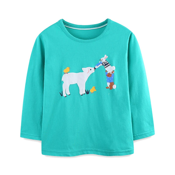 Cute Cotton Long Sleeve Cartoon Animal Print T-Shirts For Girls - Green 6
