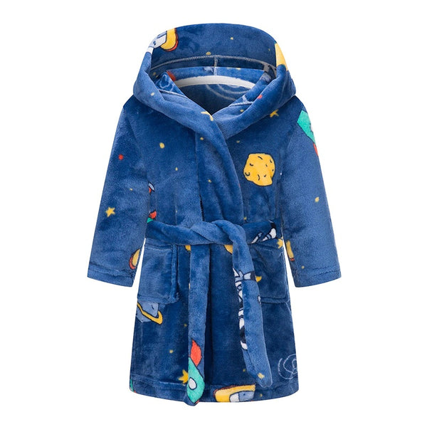 Kids Hooded Soft Flannel Bathrobe - Navy Blue 0