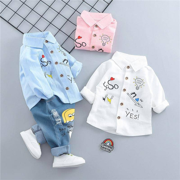 Baby Fashion Embroidery Long Sleeve Shirt & Denim Pants Set 0