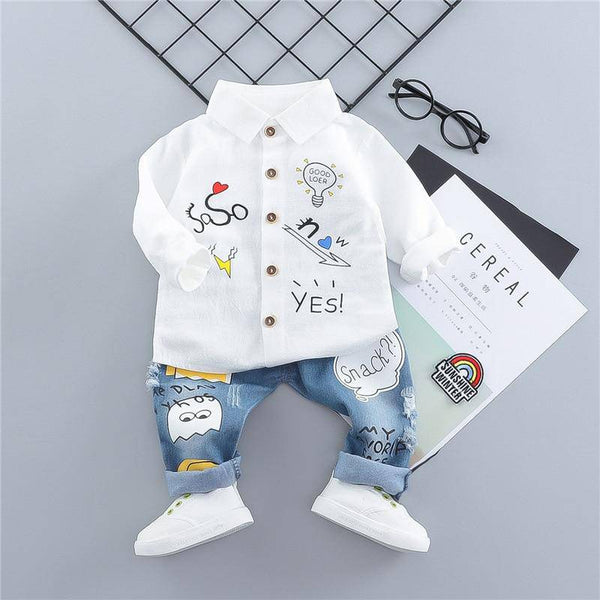 Baby Fashion Embroidery Long Sleeve Shirt & Denim Pants Set 5