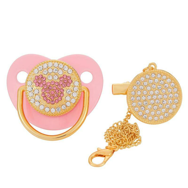 BLINGONLY Luxury Rhinestone Chupete Pink Bling Baby Pacifier With Clip 0