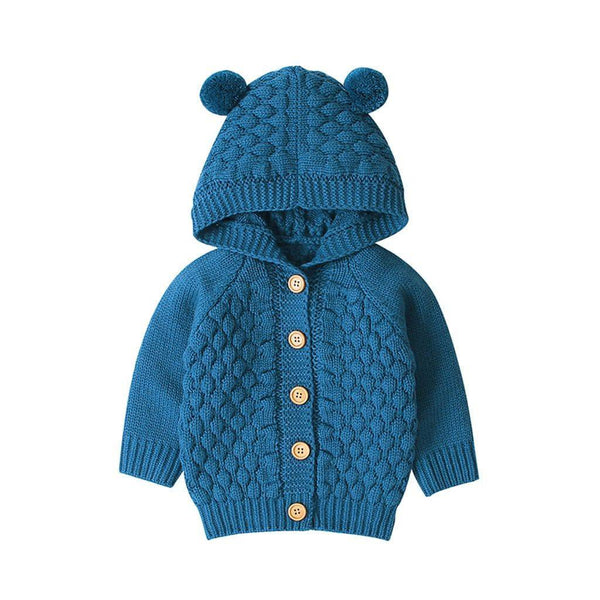 Childrens Sweater Fur Ball Hooded Knitted Jacket - Blue 0