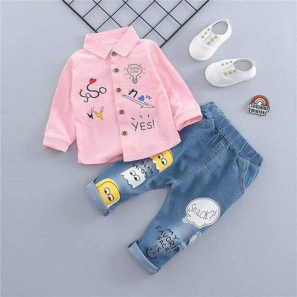 Baby Fashion Embroidery Long Sleeve Shirt & Denim Pants Set 2