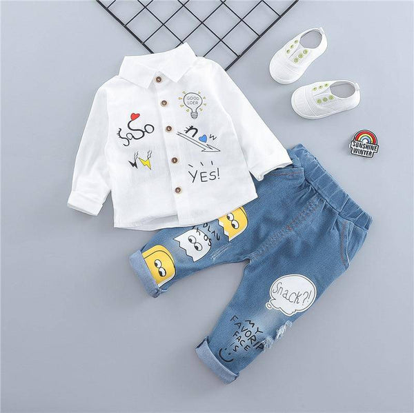 Baby Fashion Embroidery Long Sleeve Shirt & Denim Pants Set 3