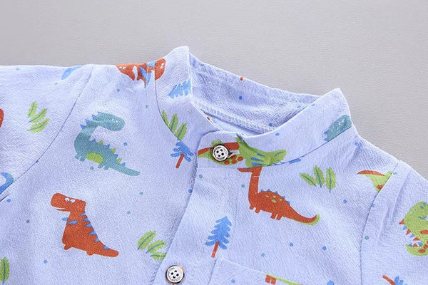 Summer Boys Cartoon Dinosaur Print Short Sleeve Outfit - White, Blue, Green, Pink, Beige, Khaki, Red 2