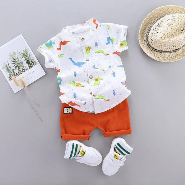 Summer Boys Cartoon Dinosaur Print Short Sleeve Outfit - White, Blue, Green, Pink, Beige, Khaki, Red 0