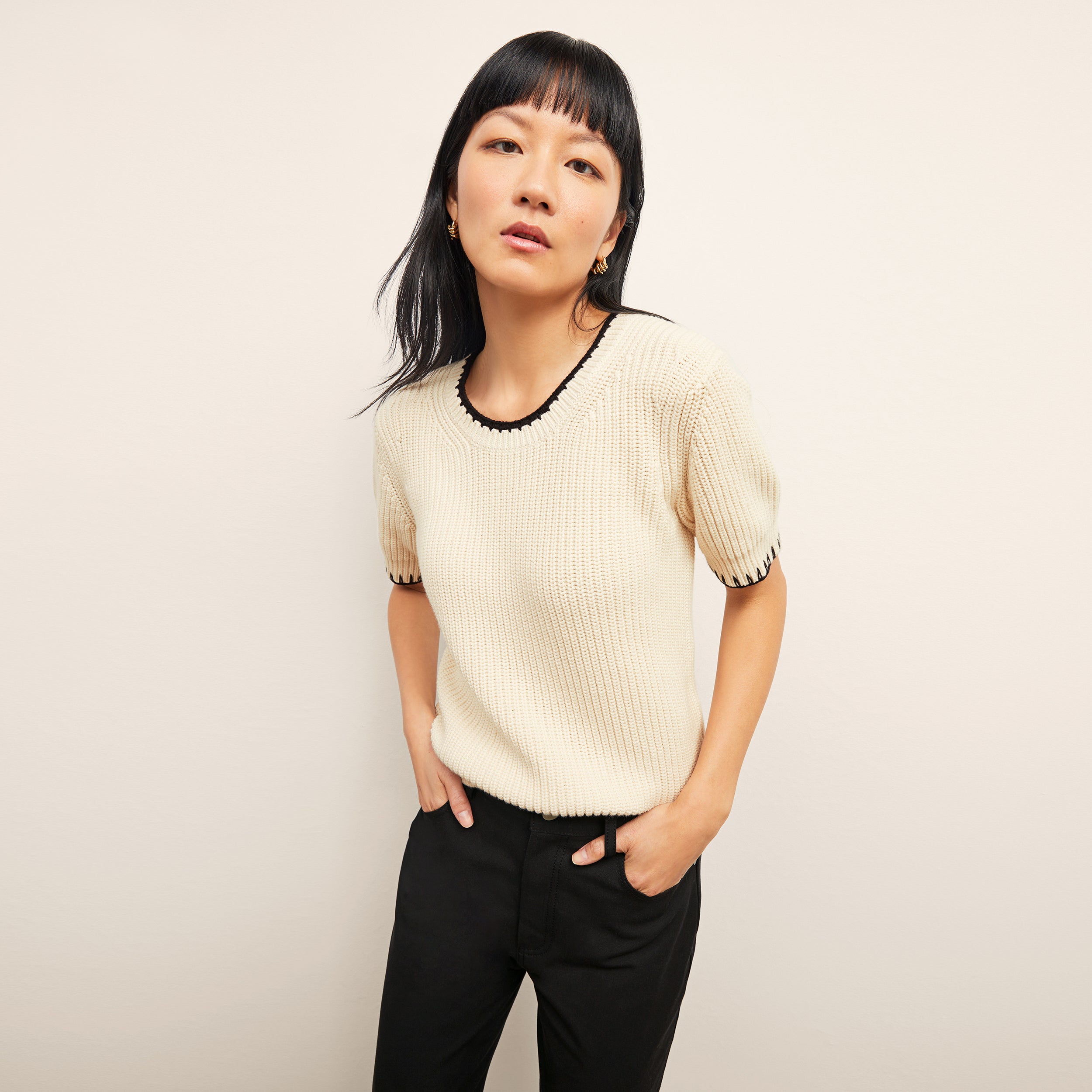 Shop M.m.lafleur The Hallie Top - Contrast Knit In Ivory/black