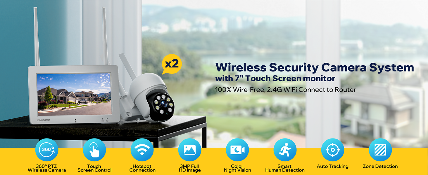 Camcamp SC26 3MP Wireless Security Camera System with 7’’ Touch Display and 32GB Card, Color Night vVision and 24-hour Real-time Recording