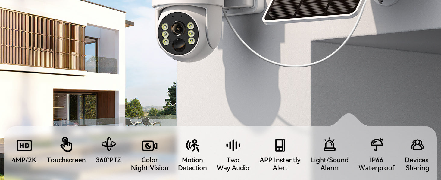 2K Security Camera System Solar Wireless Home Cam with 7'' Portable Touchscreen Monitor and Color Night Vision, Motion Detection