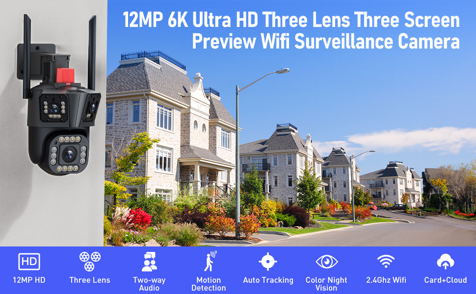 6K WiFi Security Camera with Three Lens, Color Night Vision, Auto Tracking and Instant Alert