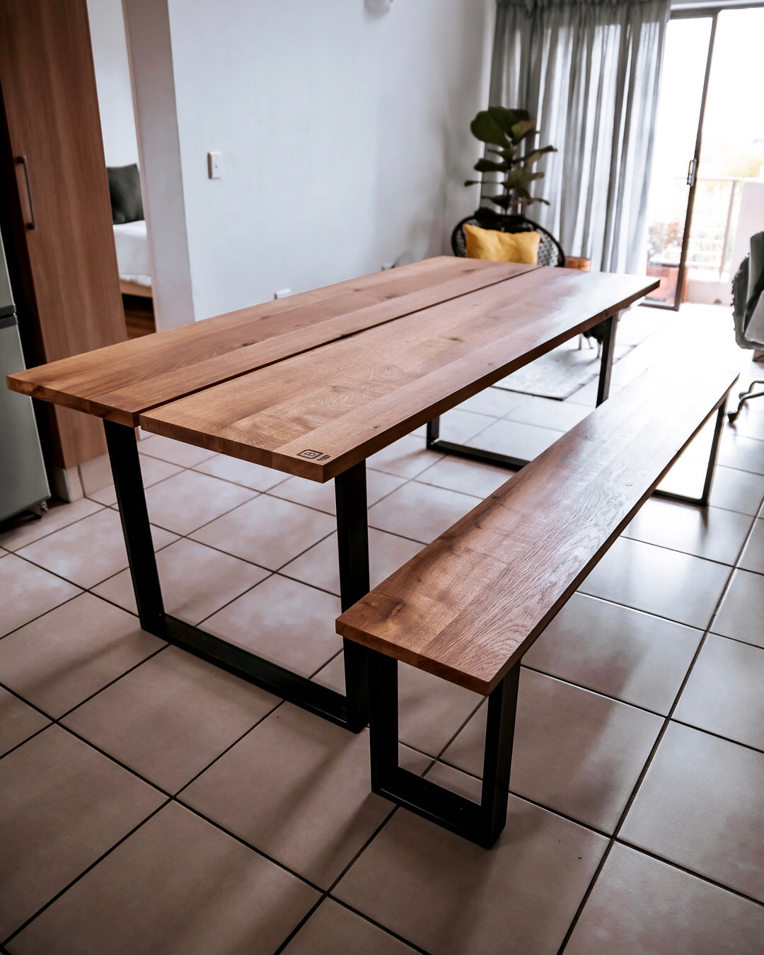 oak dining table with bench seating