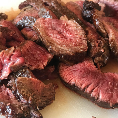 Closeup shot of slices of rare rump steak piled on a white plate