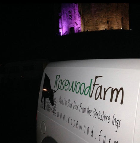 The Rosewood van in front of Clifford's Tower in York, at night