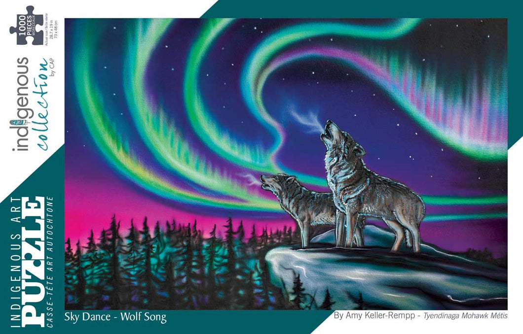 a colourful Indigenous illustration of 2 wolves howling with northern lights 