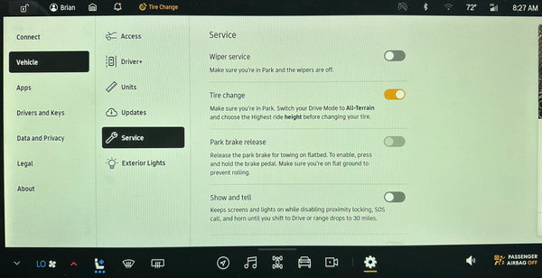 Activate tire change mode on Rivian