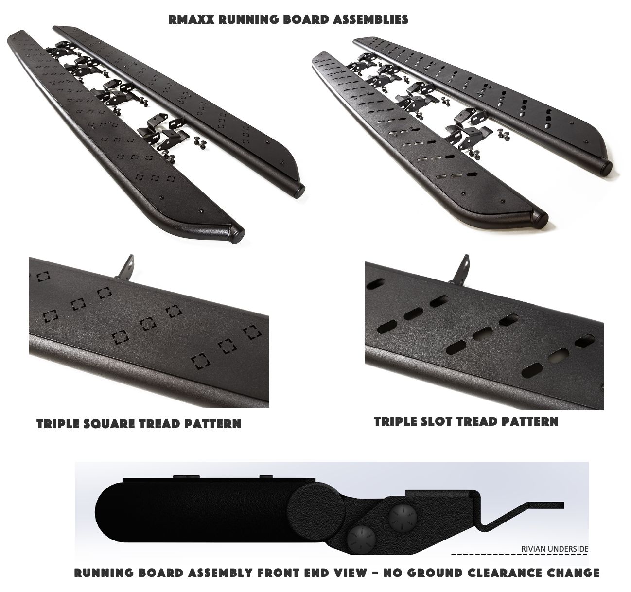 Rivian R1T R1S RMaxx Running Board Assemblies with Triple Square and Slot Tread Designs