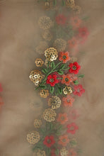 Load image into Gallery viewer, Multi Coloured Floral Thread and Gold Sequins Embroidery on Beige Soft Net Fabric
