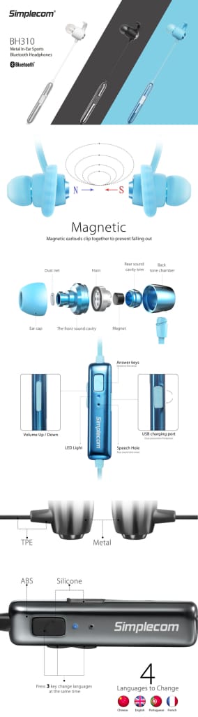 Simplecom BH310 Metal In-Ear Sports Bluetooth Stereo 