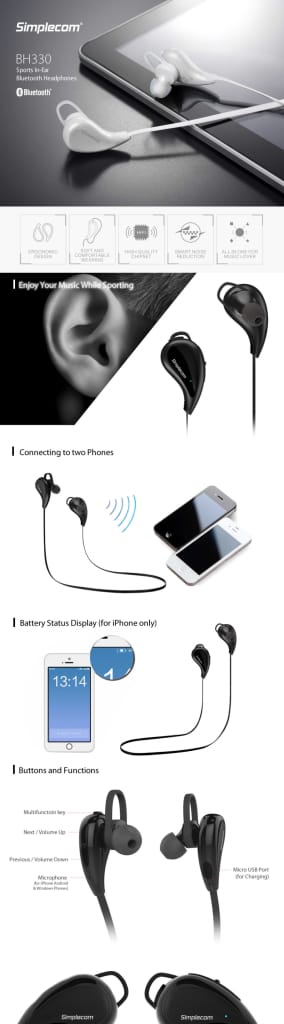 Simplecom BH330 Sports In-Ear Bluetooth Stereo Headphones 