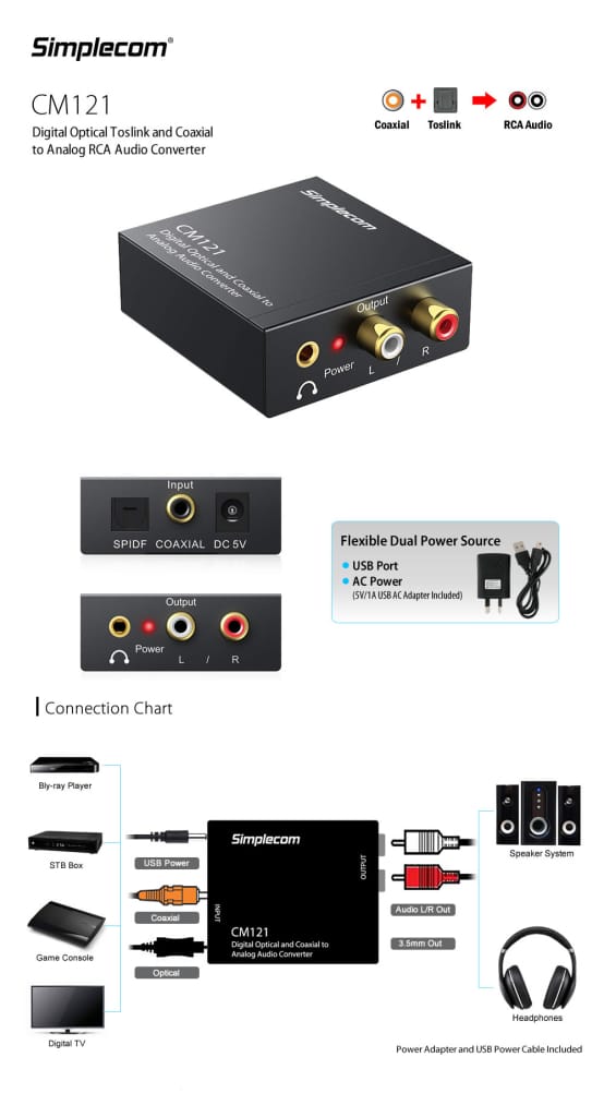 Simplecom CM121 Digital Optical Toslink and Coaxial to 