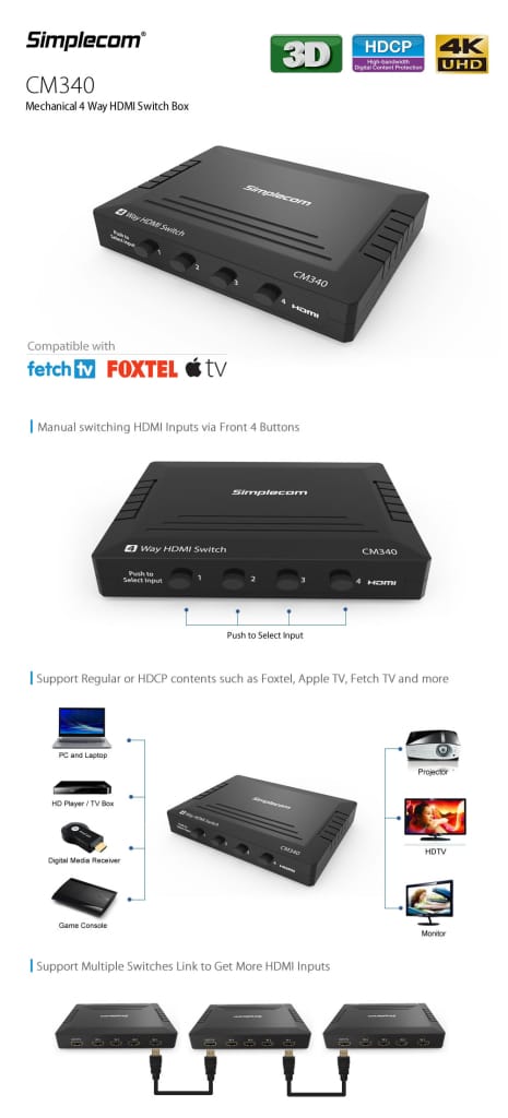 Simplecom CM340 Mechanical 4 Way Manual Push Button HDMI 