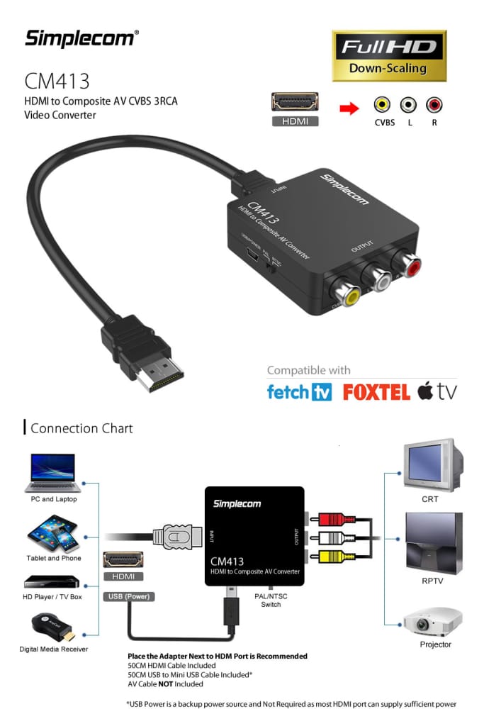 Simplecom CM413 HDMI to Composite AV CVBS 3RCA Video 