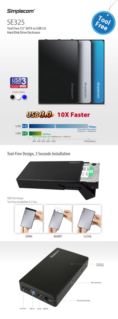 Simplecom SE325 Tool Free 3.5 SATA HDD to USB 3.0 Hard Drive