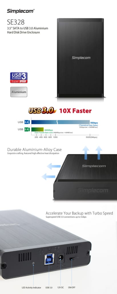 Simplecom SE328 3.5’’ SATA to USB 3.0 Full Aluminium Hard 