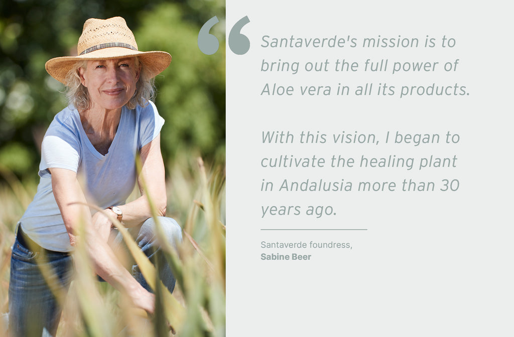 Santaverde foundress Sabine Beer in an aloe vera field in Andalusia.