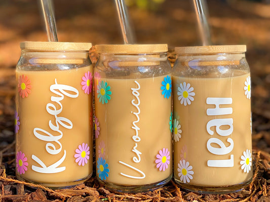 Personalized Cute Daisy Glass Cup with Name