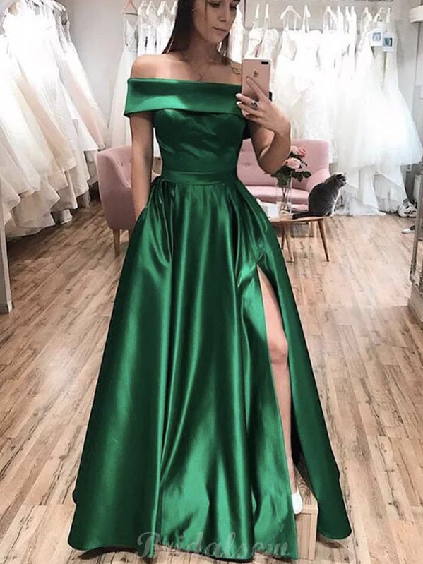 A-line Simple Satin Off the Shoulder Formal Long Prom Dresses, Evening ...