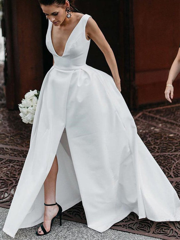 A-line Simple V-Neck Satin Chic Long Ivory Wedding Dresses WD016 ...