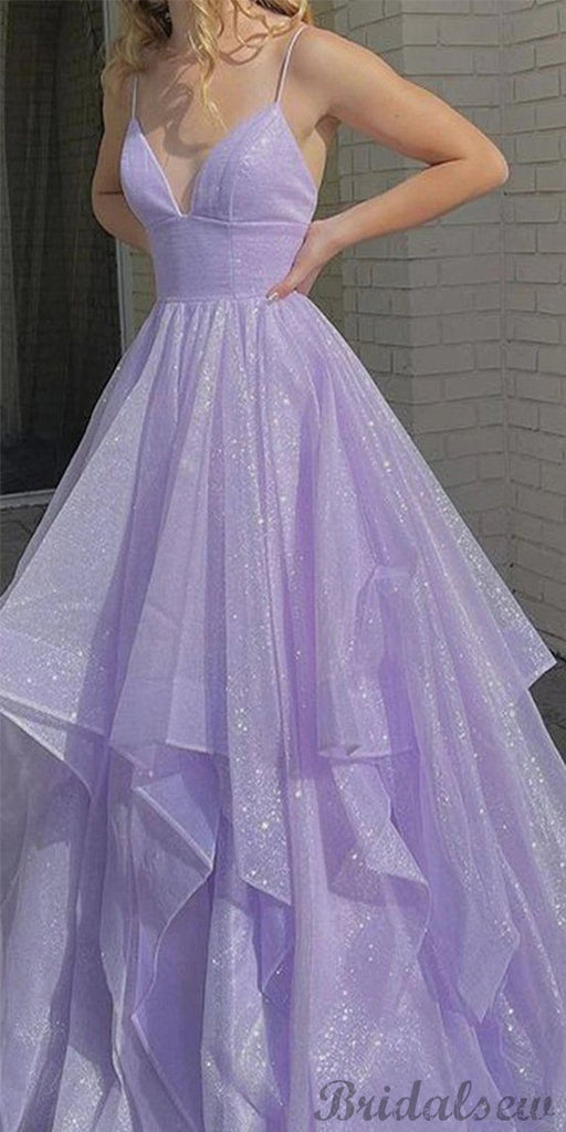 A-line V-Neck Sequin Light Purple Modest Prom Dresses PD011 – bridalsew