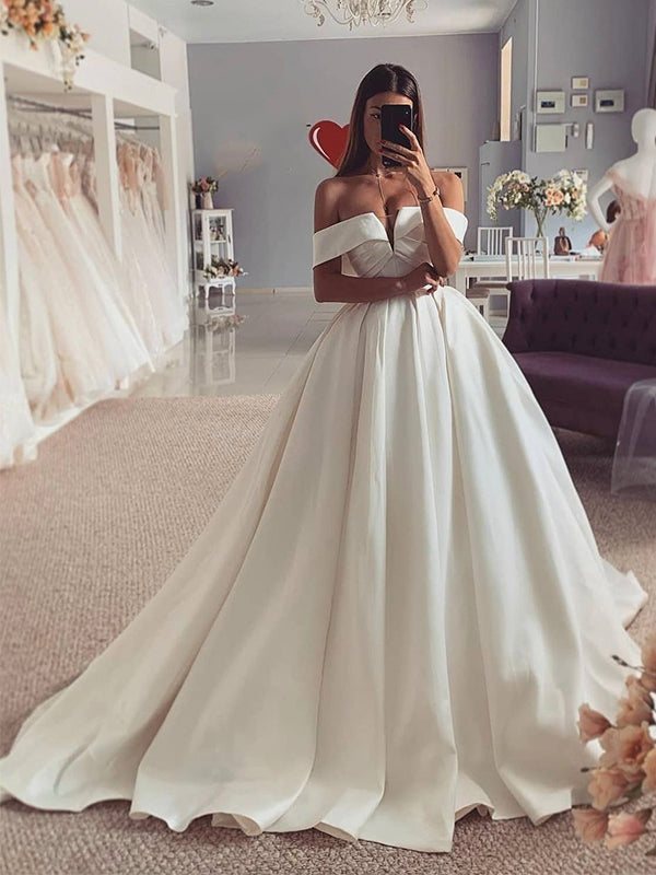 A-line Vintage Off-the-Shoulder Satin Long Wedding Dresses, Bridal Gow ...