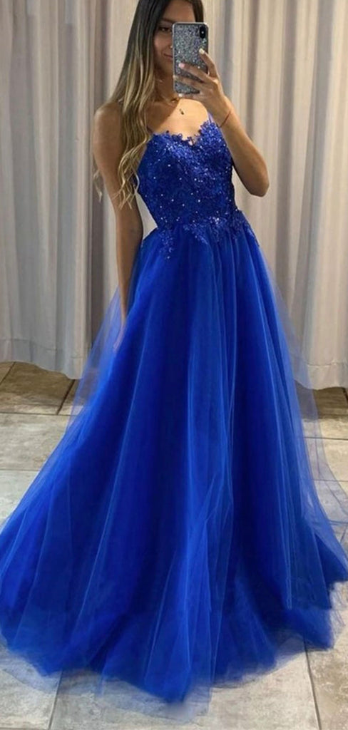 A-line Blue Lace Spaghetti Straps Party Formal Long Prom Dresses PD209 ...