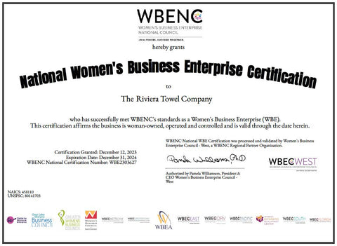 WBENC Certificate Riviera Towel Company