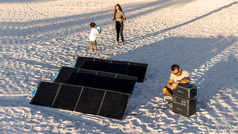 Portable solar panels on the beach