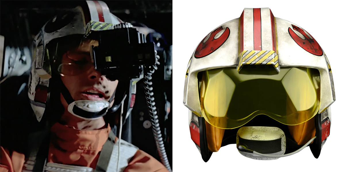 Luke Skywalker (left) and Denuo Novo Luke Skywalker Red-5 X-wing Helmet (right)