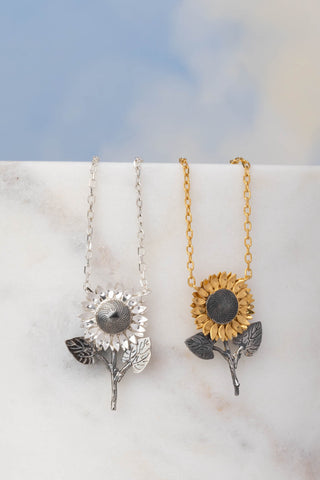 Symbolism and meaning of floral jewellery - New Sunflower With Stalk Necklace | Amanda Coleman Jewellery