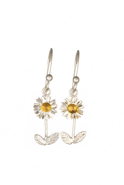 Sterling Silver and Gold Daisy Earrings - Daisy with Stalk on Hooks