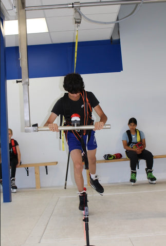 Player on the skating treadmill perfecting skate alignment. 