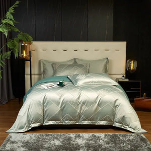 Mint Elegance Jacquard Satin Cotton Bedding Set - DECORATIQ