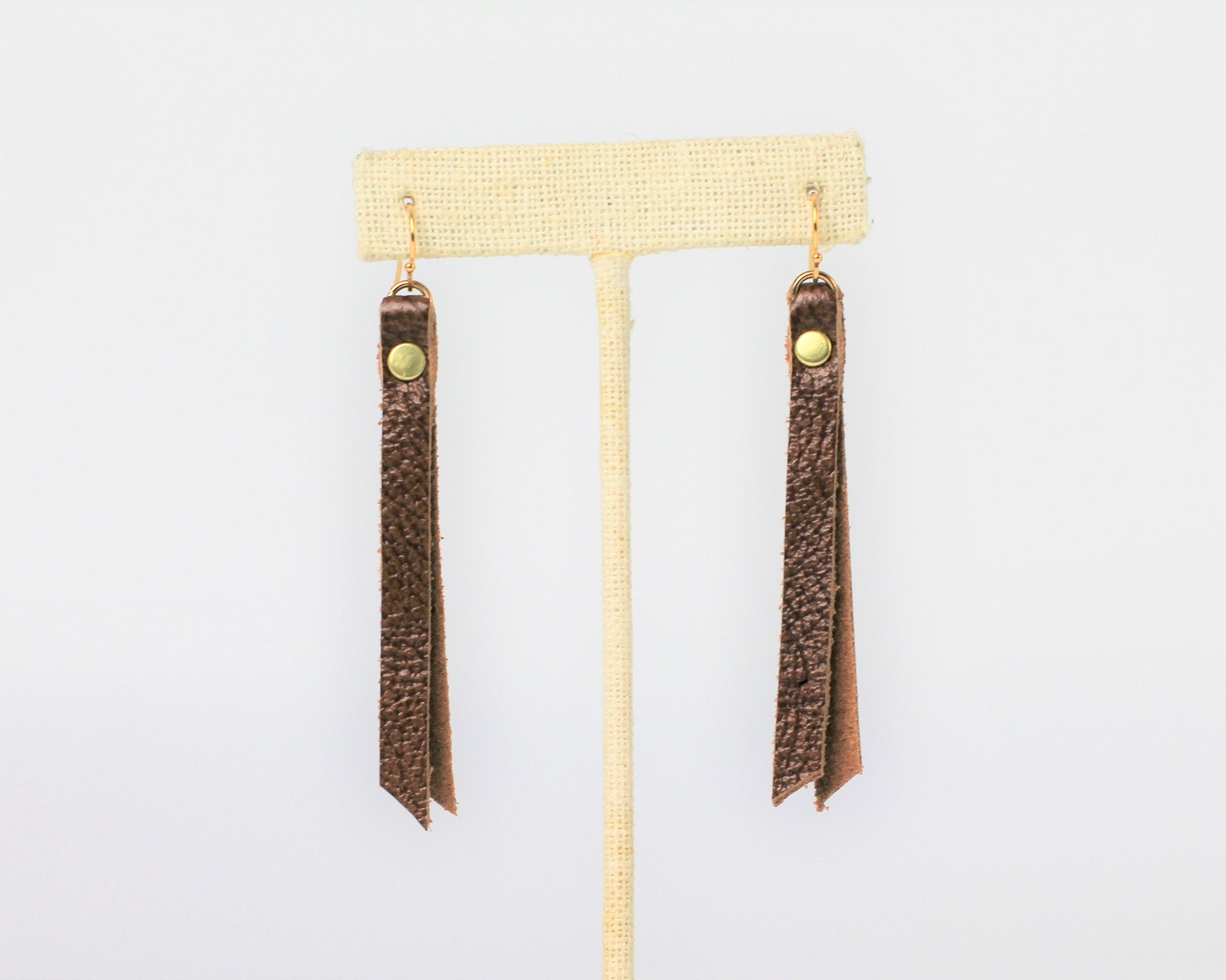 Leather Rivet Tab Earrings / Whiskey