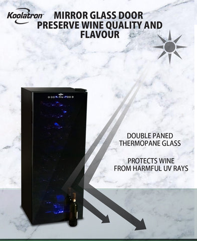 A diagram depicting sun rays reflecting off of the wine fridge. Words on the diagram read "Mirror glass door preserve wine quality and flavor" and "Double paned thermopane glass protects wine from harmful UV rays".