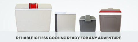 Product shot on a light gray background of four Koolatron 12V coolers with text below reading "Reliable iceless cooling ready for any adventure"