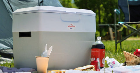 Photo of P85 cooler on a picnic blanket on a sunny day with food and drinks around it and grass and a tent in the background
